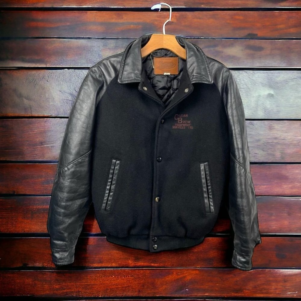 * Vintage Symax Black Leather and Wool Varsity Letterman Jacket Size XS